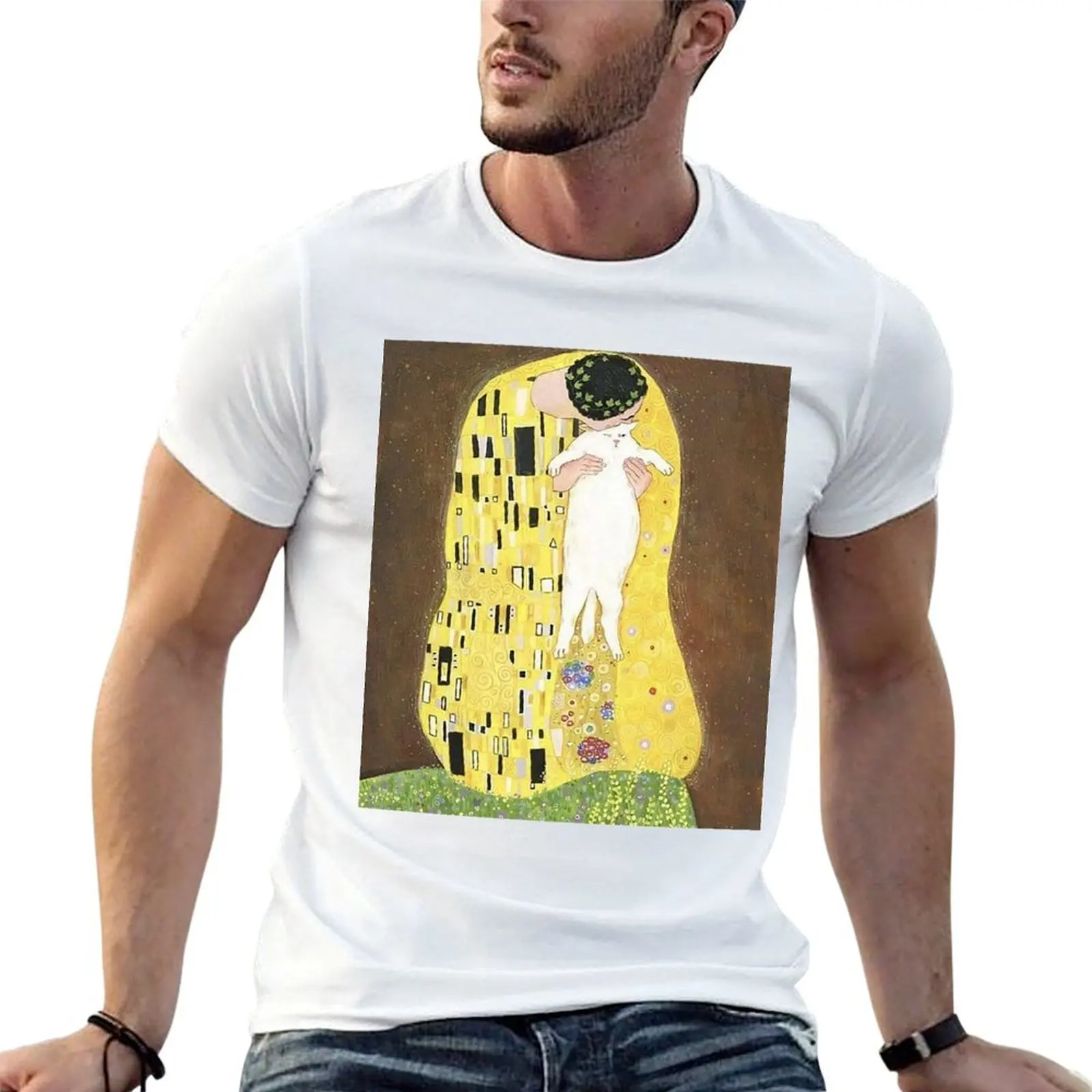 

Футболка с принтом «Любитель кошек» Gustav Climt, мужские футболки с принтом, облегающая футболка для мужчин