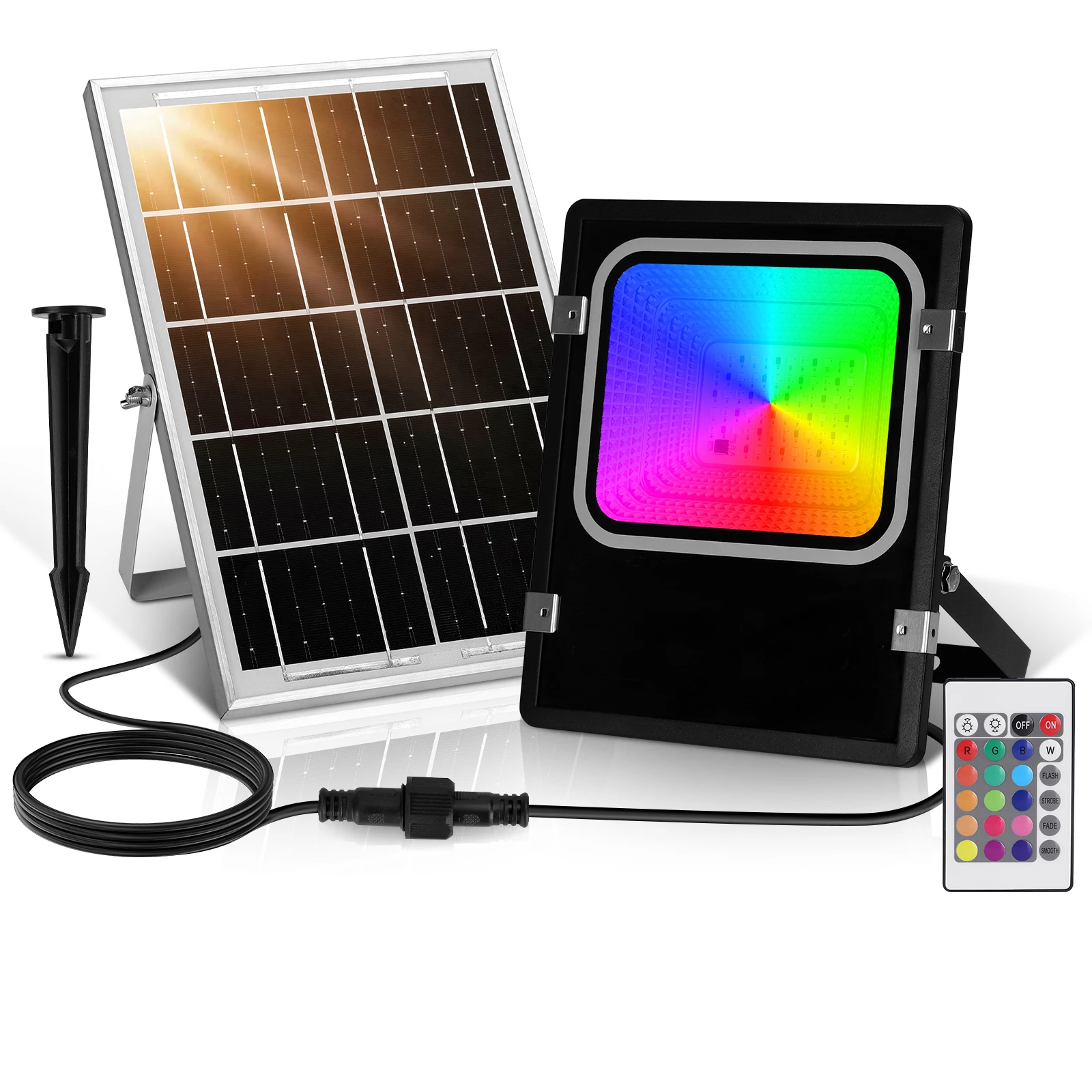 Aigostar Focos LED Exterior Solares RGBW, Cambio de Color 100W,  Foco RGB+6500K y 3 Modos, Regulable, Control Remoto, IP66 Impermeable, Proyector LED RGB para Fiestas Jardín Terraza, 2 pcs