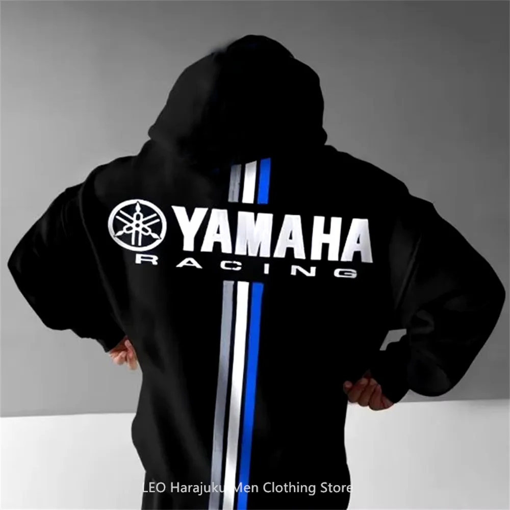 Street Retro Denim Element Hoodie Oversized Racing Cool Yamaha Racing Print Hoodie Fashion Hooded Long Sleeved Men's Clothing