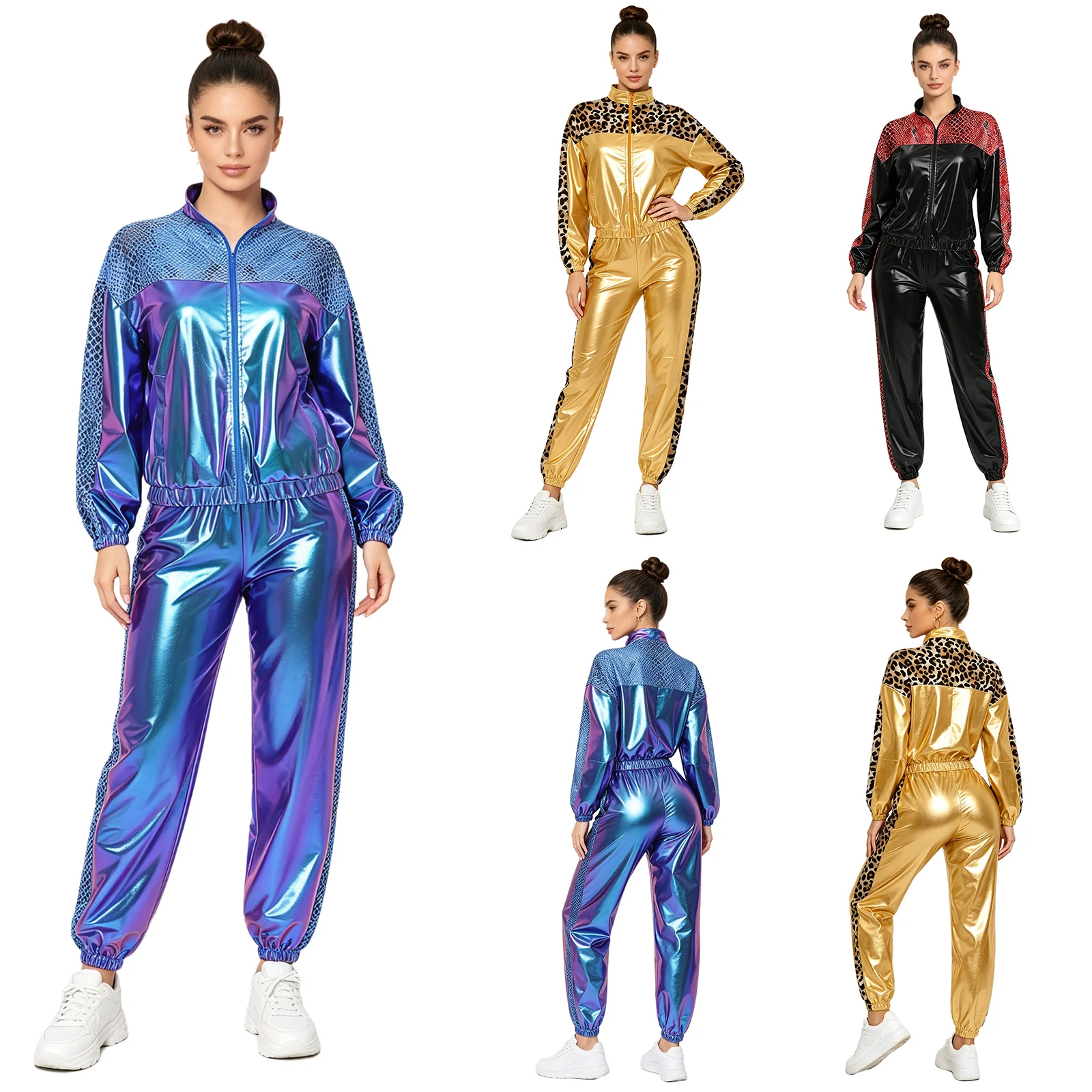 Damen Metallic Glänzendes Disco Hip-Hop Kostüm 80er Jahre Jazz-Tanz-Outfit Langarm-Jacke mit Frontreißverschluss und Jogginghose – Detail 3