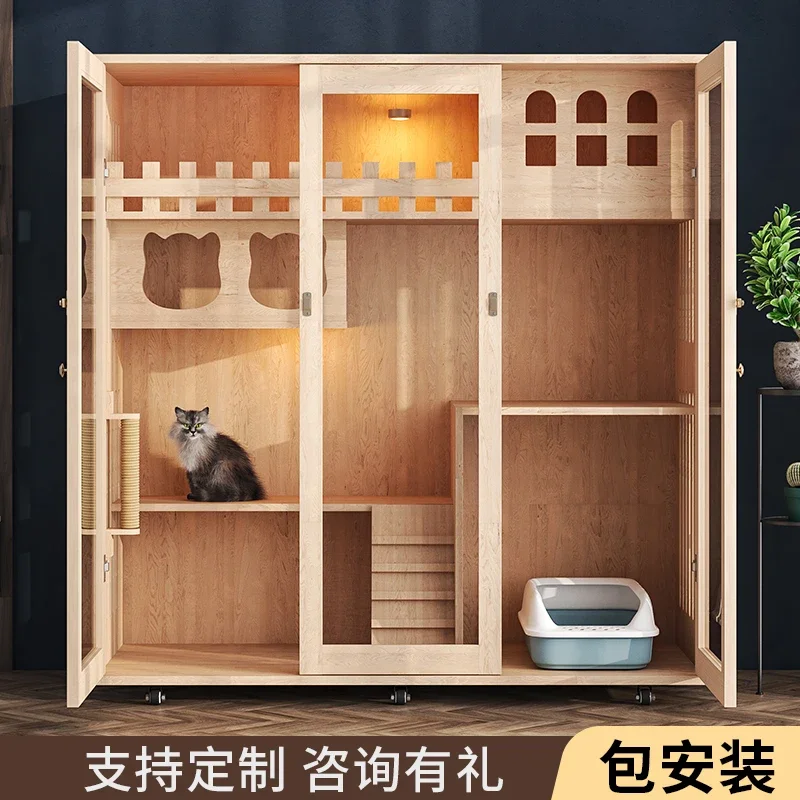 Solid wood cat villa  cage luxury home indoor cat house  house super large space three story glass cat house