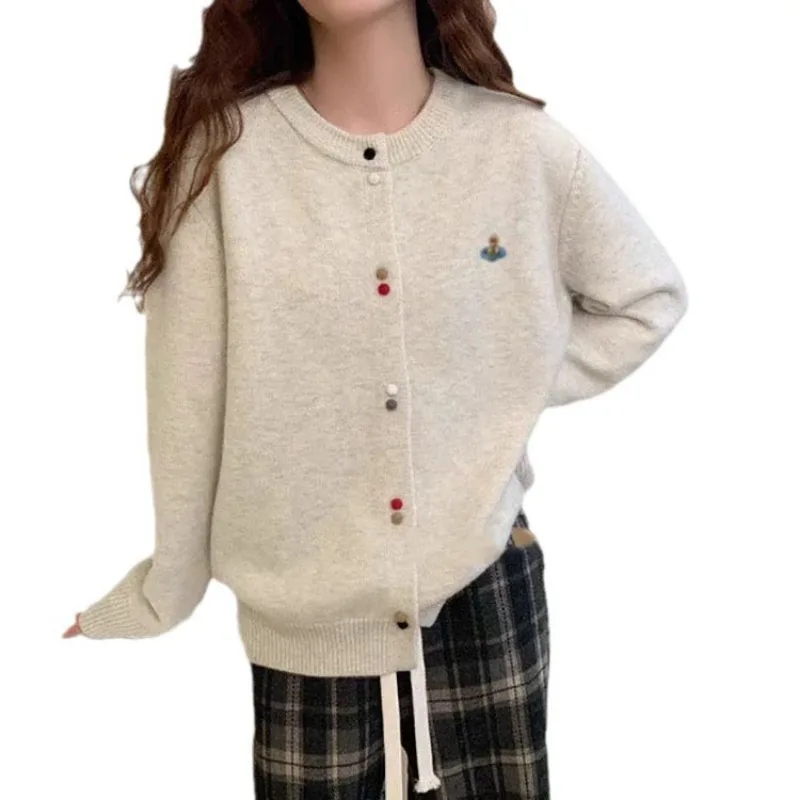 Harajuku Retro Sweater Cardigan Embroidered Outerwear Loose Slimming Women\'s Autumn Winter Coat Round Neck Knitted Cardigan Top