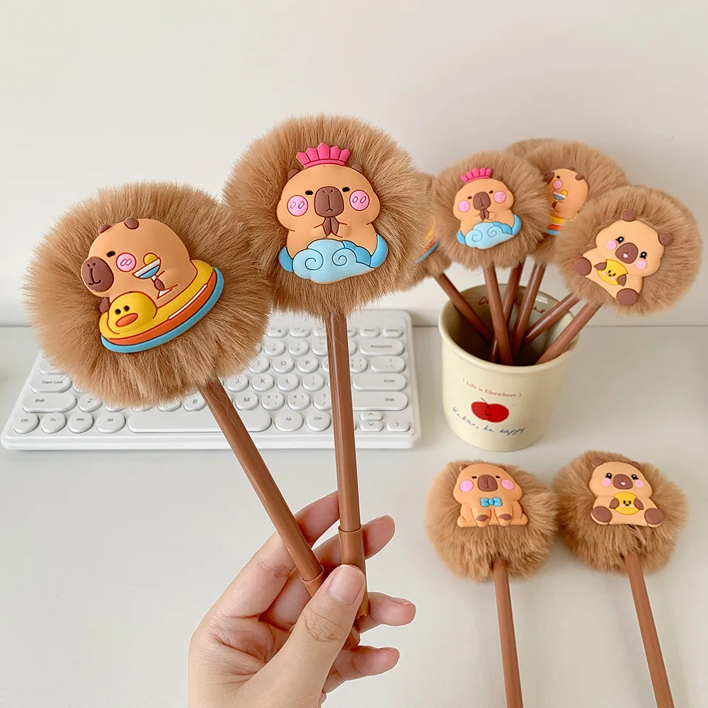Kawaii Capybara Fluffy Pom-pom Gel Pen Cute Cartoon Animal Ballpoint Pen 0.5mm Black Ink Student Stationery Gift