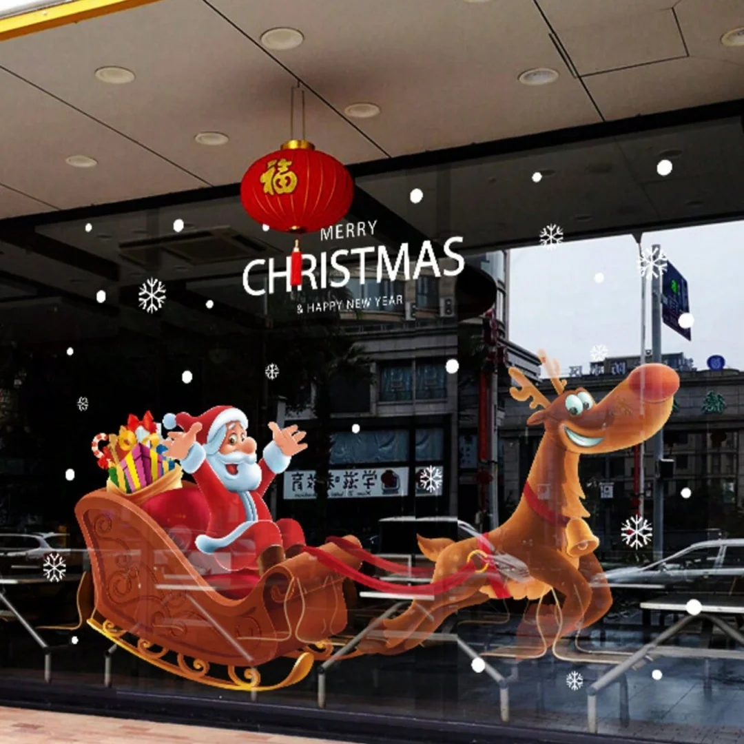 Christmas Static Cling Window Decals Double-Sided Snowflake Reindeer Tree Decor No Glue Removable Door&Window Decorative Sticker