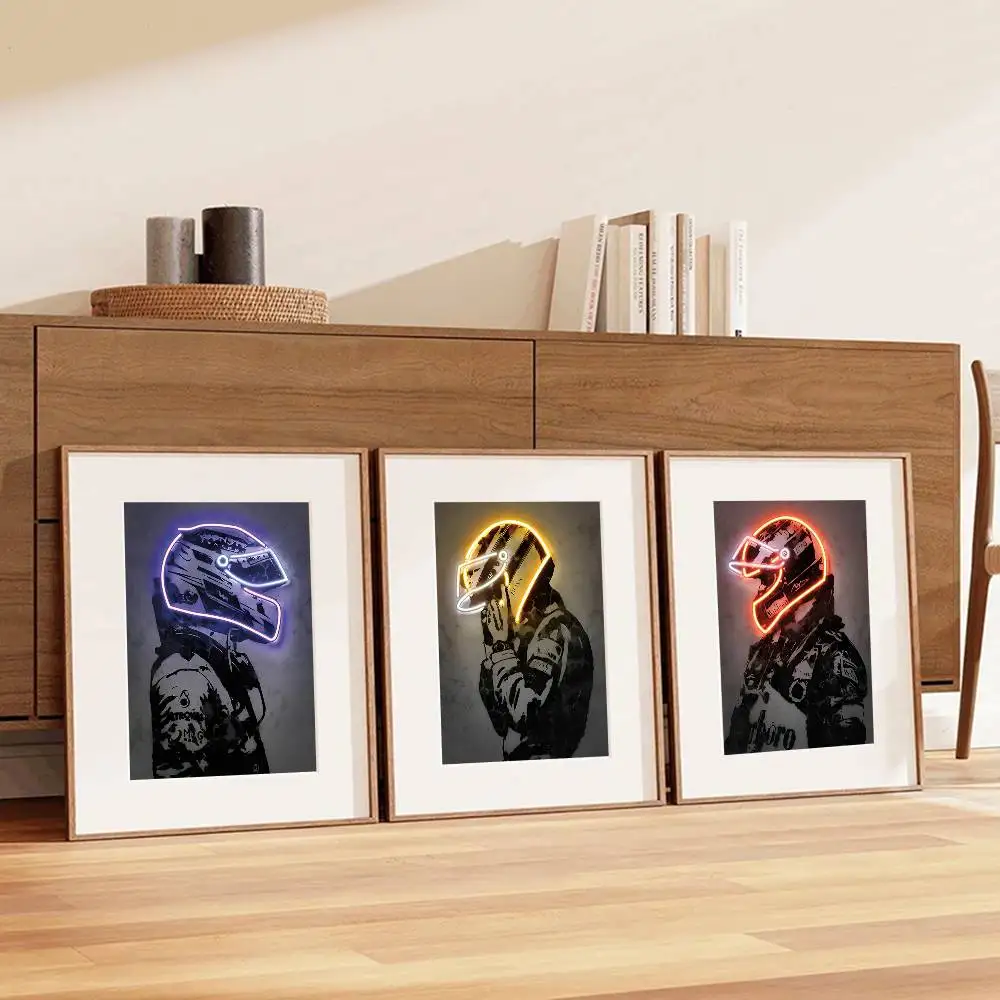 Neon Line Racing Driver Wall Art Prints Color Glow Helmet Racer Monochrome Portrait Posters for Garage Boys Bedroom Decor