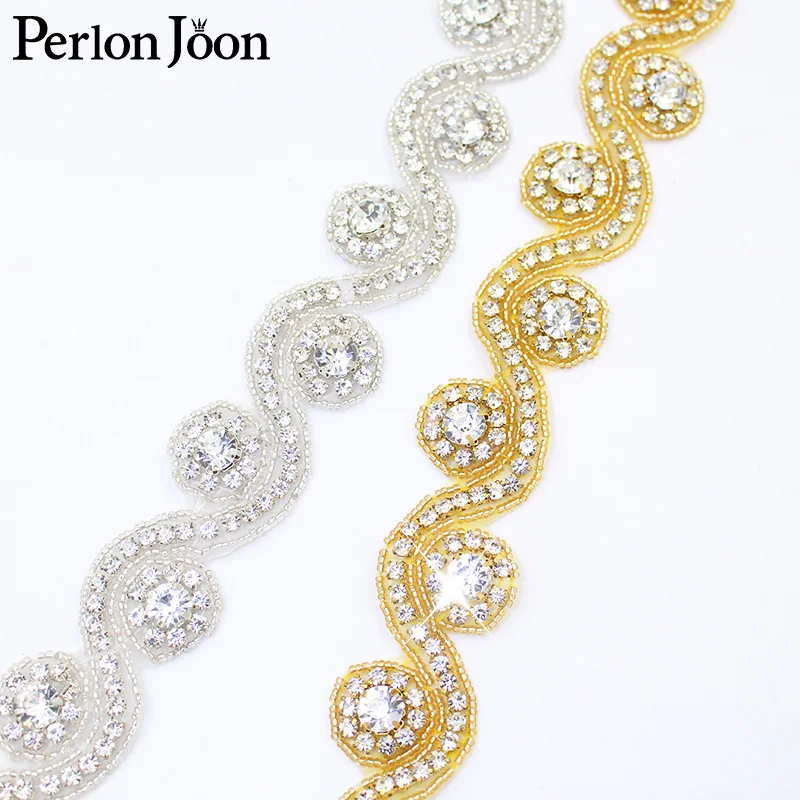 1 Yard S Shap Round Hot Fix Handmade Crystal Chain DIY Sewing on Bridal Rhinestone Trim for Wedding Dress Belt Accessories WH042