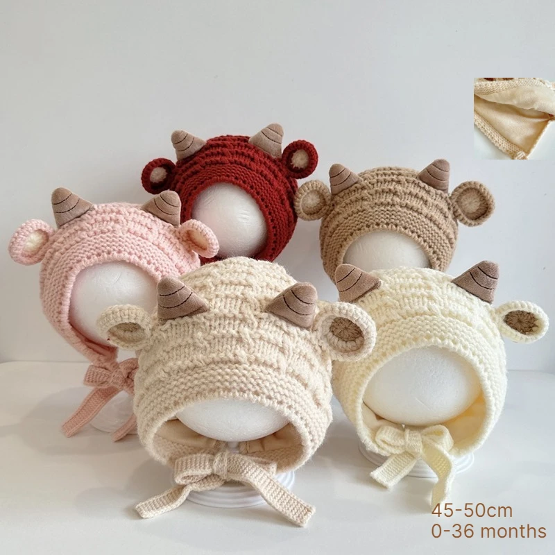 Baby Girl Warm Winter Hat 46-50cm  Windproof Kids Thick Cute Sheep Earflap Knitted Cap Toddler Beanie Snow Outdoor Cold Proof