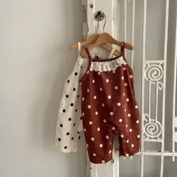 2024 Spring New Girl Infant Dots Print Lace Overalls Baby Fashion Suspenders Pants Toddler Cotton Jumpsuit Kid Casual Trousers