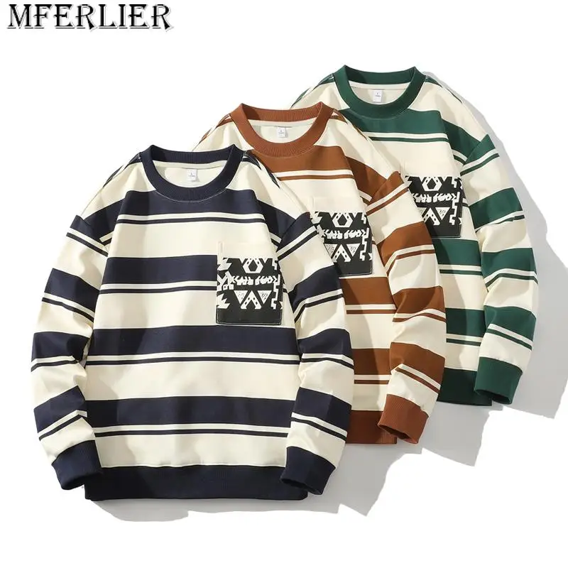 

Round Collar Men Casual Hoodies Striped Long Sleeve Sweatshirts Men's Streetwear 2023 Autumn Hip Hop Vintage Pullover Sweatshirt