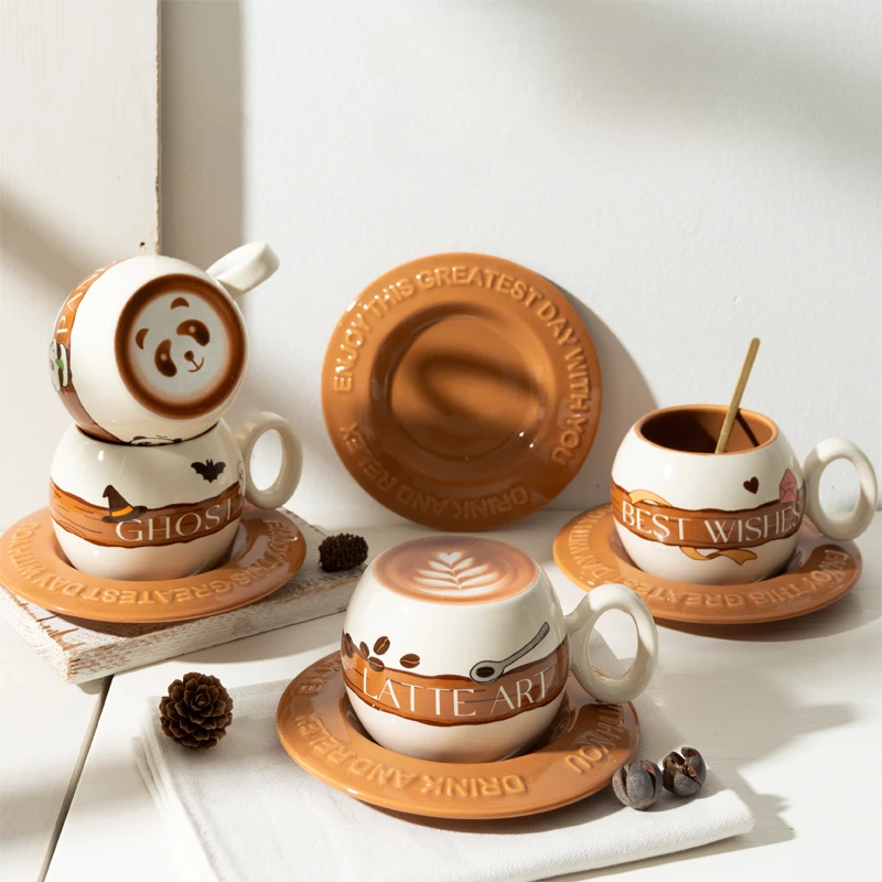 Ceramic Coffee Latte Cup and Saucer Set Creative Halloween Gift Couples Mugs Simple Household Vintage Milk Coffee Cup with Scoop