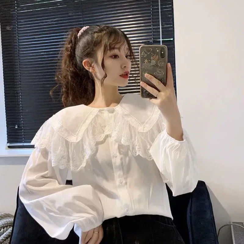 

Women's White Chiffon Blouses Sweet Lovely Lace Big Peter Pan Collar Shirt Woman Spring Summer Versatile Lantern Sleeve Blusas