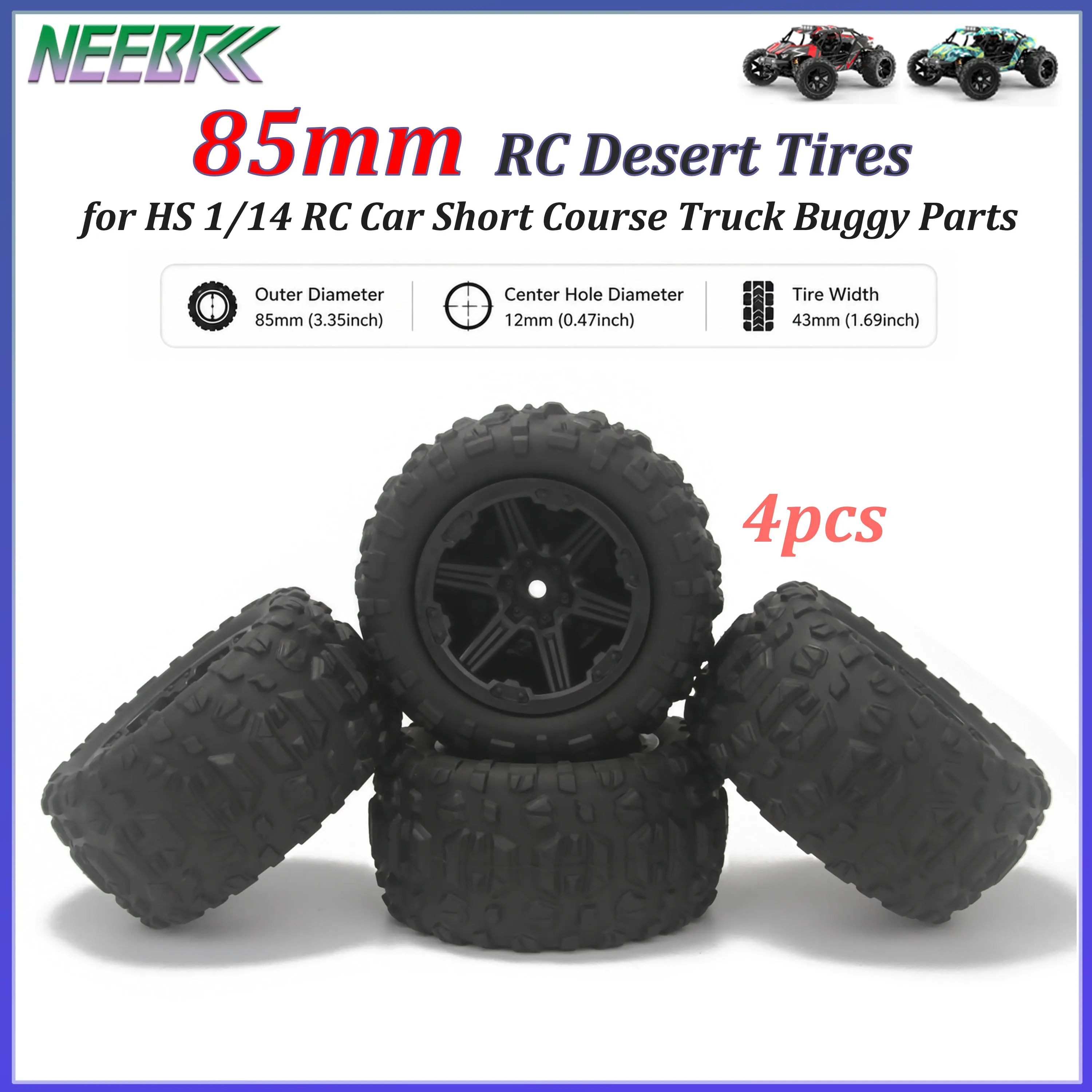 

4PCS 85mm RC Tires 12mm Hex Hub 85x43mm Skidproof Wear-resistant Wheels Tyre for HS 1/14 RC Car Short Course Truck Buggy Parts