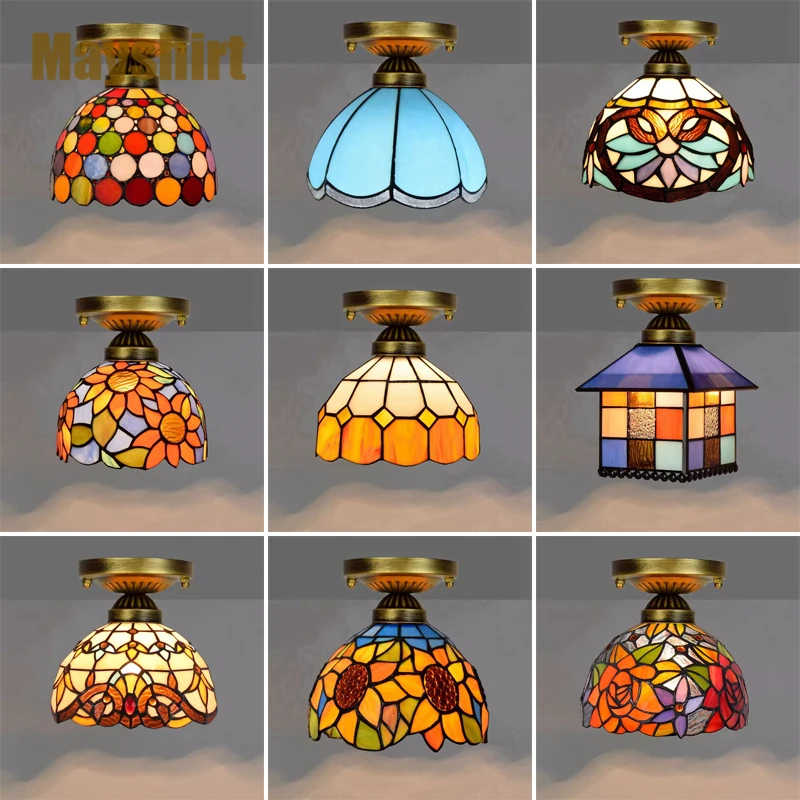 

Tiffany Stained Glass Ceiling Lights Vintage Led Ceiling Lighting Living Room Decoration Kitchen Hanging Lamp Bedroom Fixtures