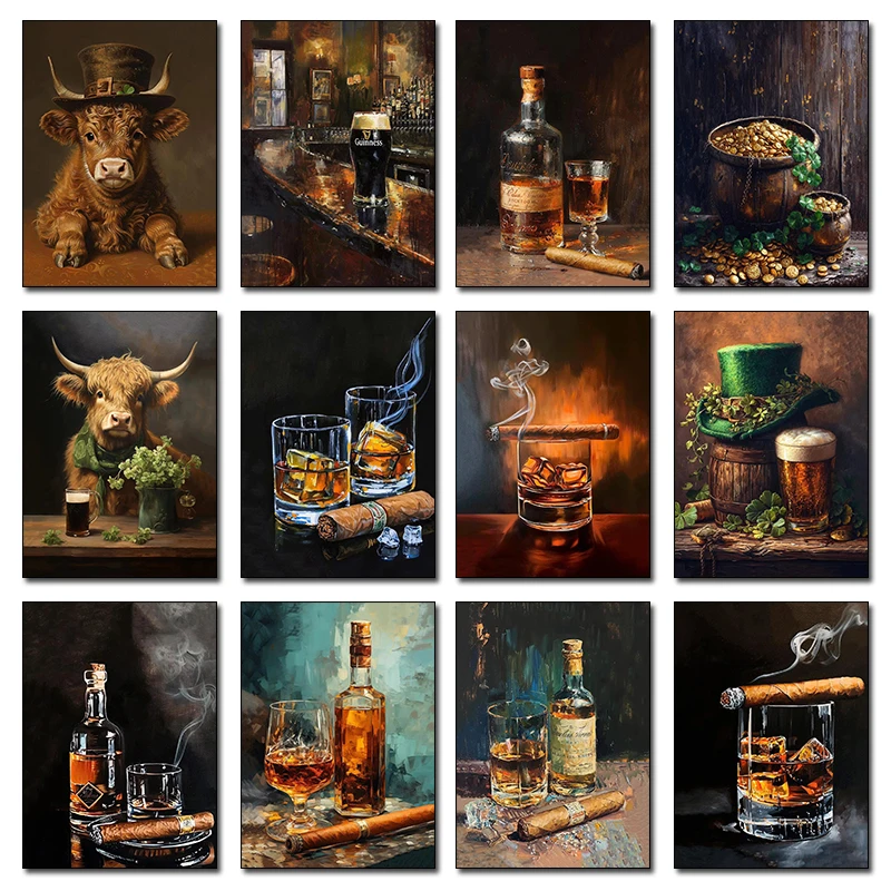 1pcs(No frame) Vintage Whiskey Cigar Kitchen Bar Still Life Art Posters Prints Canvas Painting Wall Art HD Pictures For Living