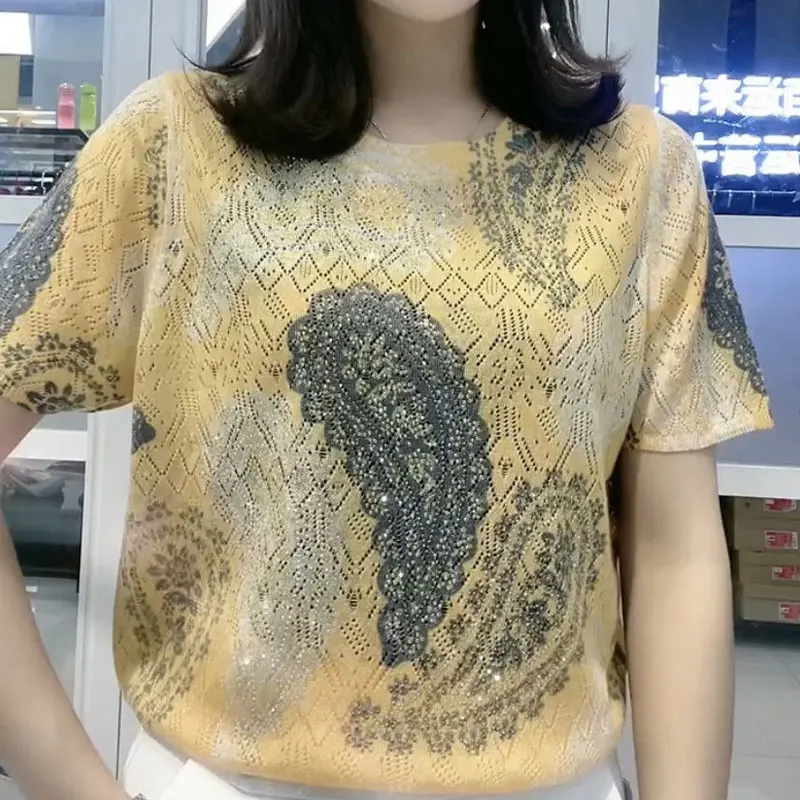 Women's Clothing Vintage Paisley Printed Pullovers Casual 2024 Summer Chic Diamonds Loose Commute O-Neck Short Sleeve T-shirt