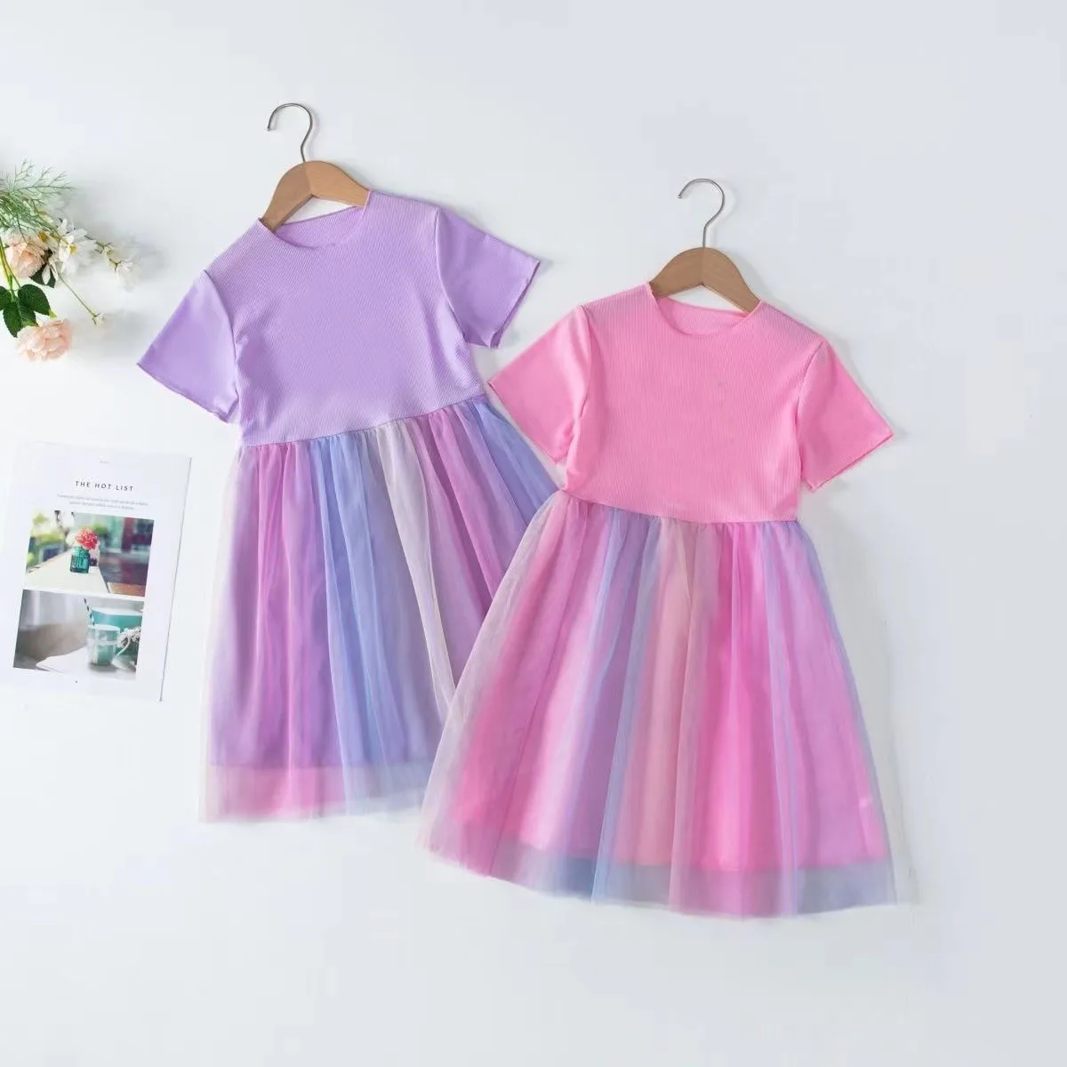 MERI AMMI Children Flower Girl Clothing Dressing Short Sleeves Rainbow Colorful Dress TuTu Party Dress For 1-9 Year Girl