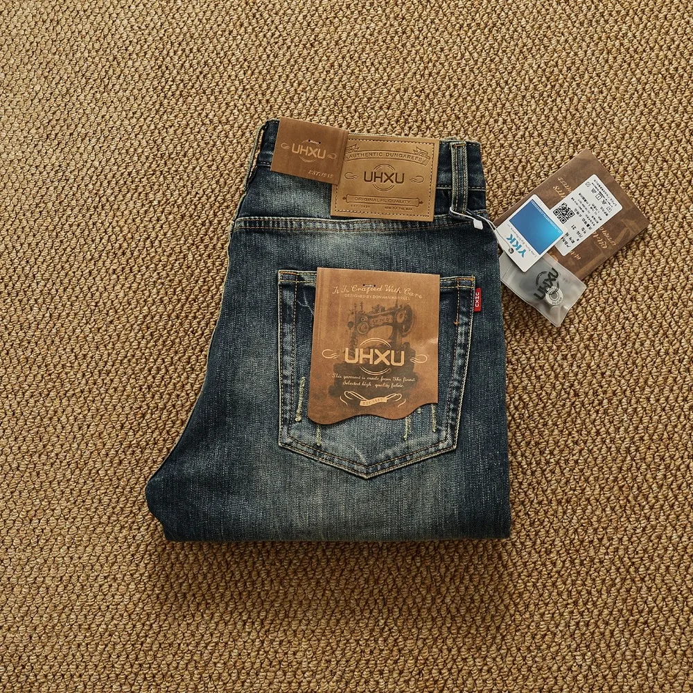 بنطلون جينز ثقيل مغسول للخريف والشتاء جديد للرجال ذو علامة تجارية عصرية رفيعة ومستقيمة قابلة للتمدد