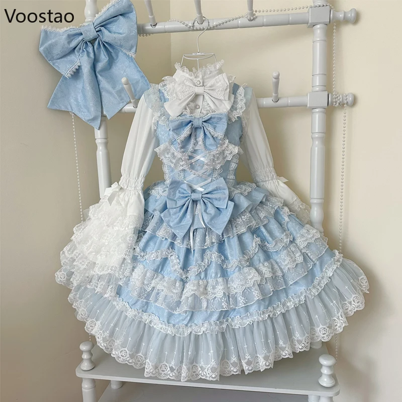 Victorian Sweet Lolita Jsk Dress Women Kawaii Cute Lace Ruffles Flower Wedding Bow Dress Japanese Vintage Elegant Princess Dress