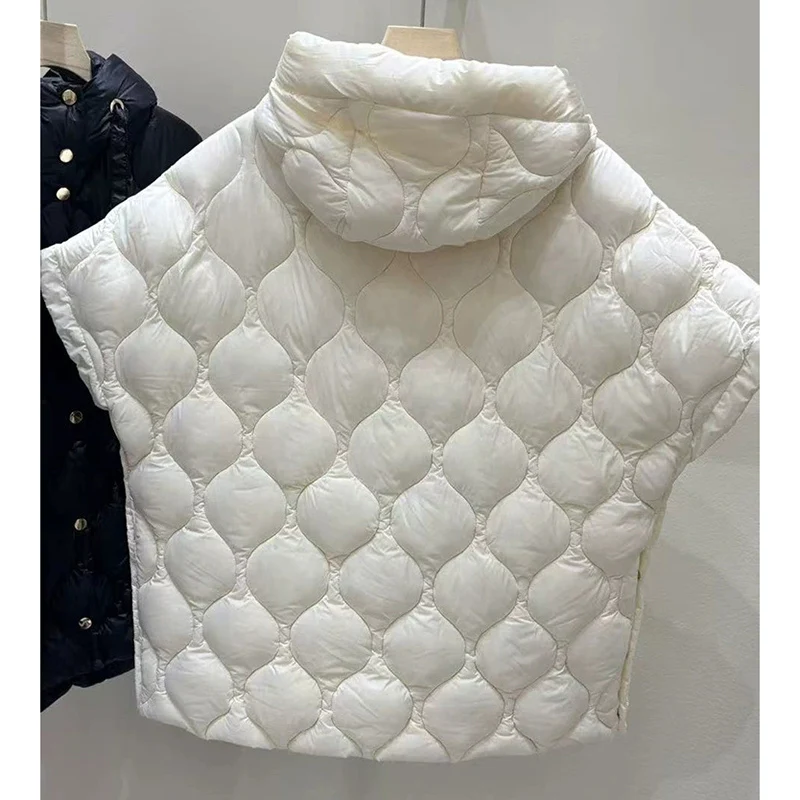 Schinteon Damen-Weste aus 90 % weißer Entendaunen, unregelmäßige ärmellose Jacke mit Kapuze, einfarbig, modisches Herbst-Winter-Top 2025