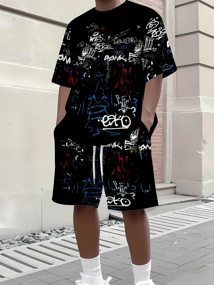Hot selling men's breathable casual short sleeved shorts set 3D printed outdoor urban street top shorts casual two-piece set - Image 2