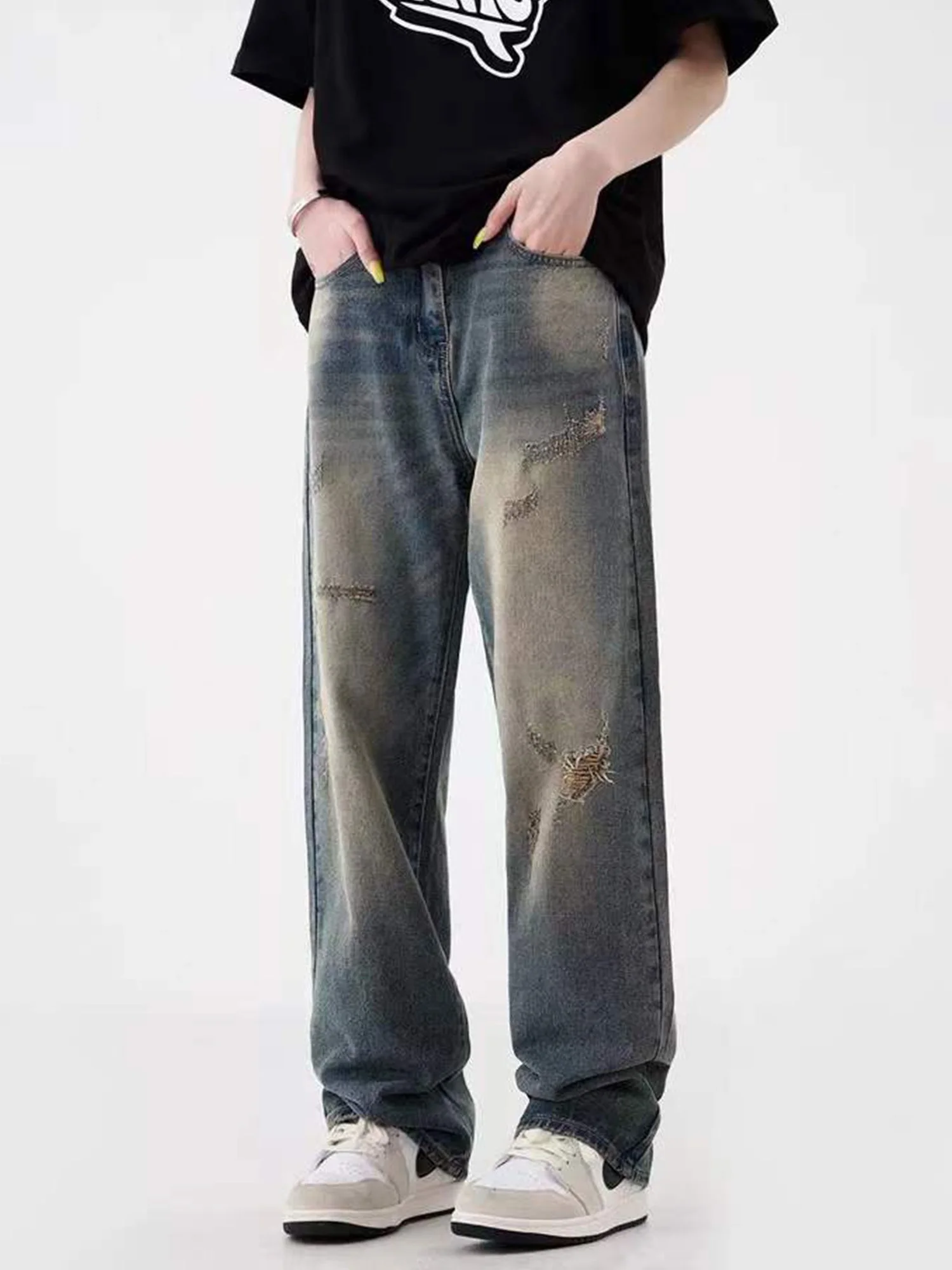 

Waed Vintage Men's Jeans Loose Straight Leg Long Trousers Casual High Street Sle with Hole Design Summer Faion Jeans