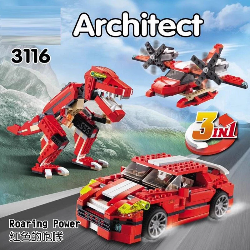 374 Uds. Serie creativa 3 en 1 bloques de construcción de automóviles de potencia rugiente dinosaurio avión Dino ladrillos juguetes para niños regalos