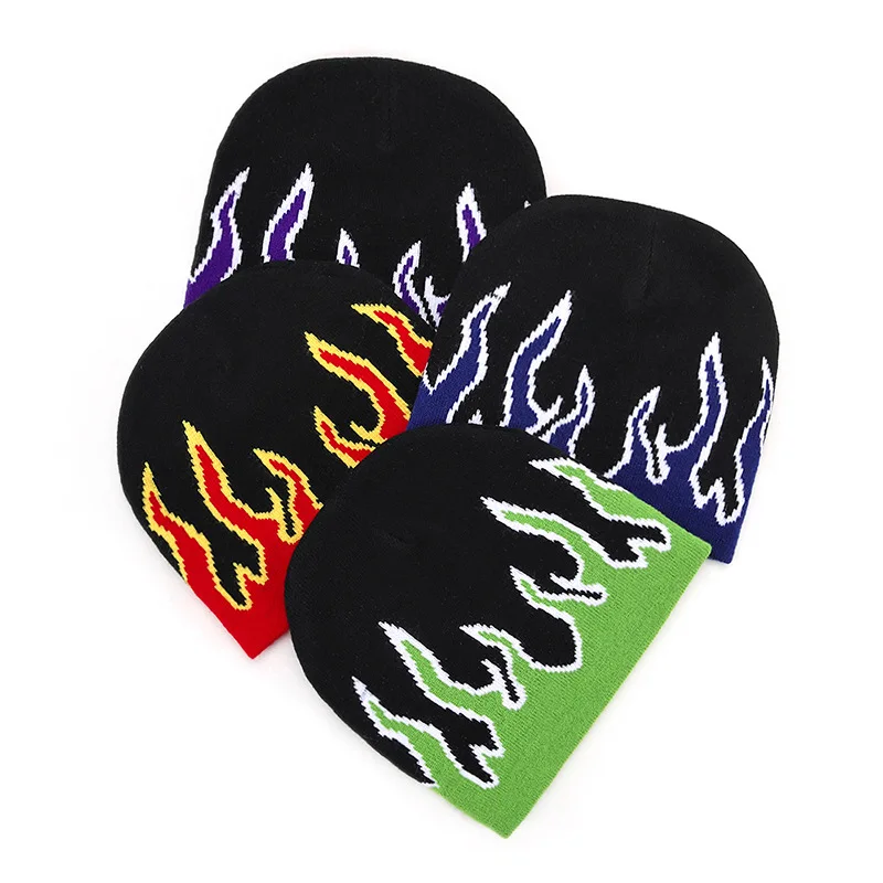 New Autumn and Winter Color Block Fashion Fire Unisex Hip Hop Flame Knitted Hats Warm American Style Versatile Street Beanies