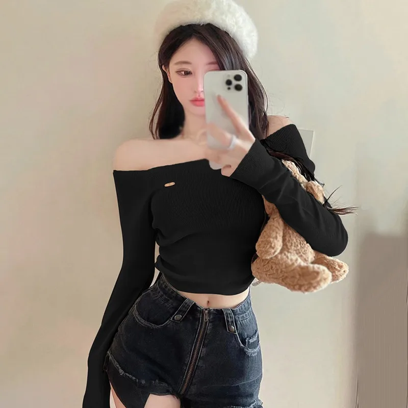 Off Shoulder Women\'s Top Fashion Long Sleeves Slim Sweet Knitted Woman clothes tops woman 2024 korean reviews many clothes