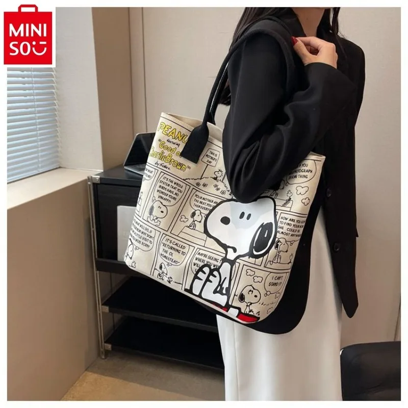 

MINISO Large Capacity Canvas Bag 2024 New Cartoon Snoopy Handbag Versatile One Shoulder Tote Bag