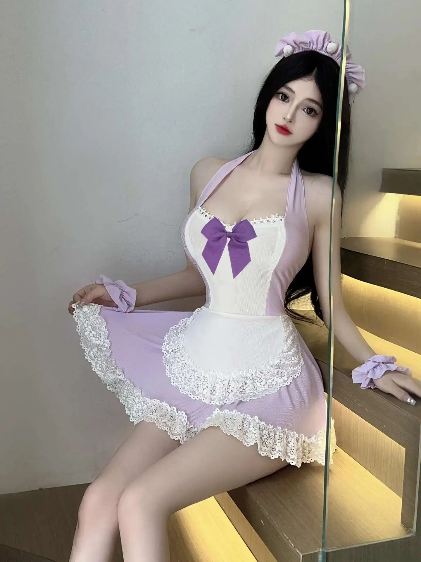 Nuova prospettiva sexy sexy carino cameriera cosplay vestito dalla bretella elegante dolce maglia di pizzo trasparente caldo sexy abiti da donna viola 1HJK