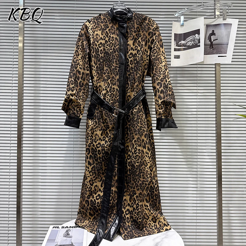 

KBQ Temperament PU Leather Edge Waist Trench for Women Stand Collar Long Sleeveless High Waist Windbreaker Coat Female Fashion