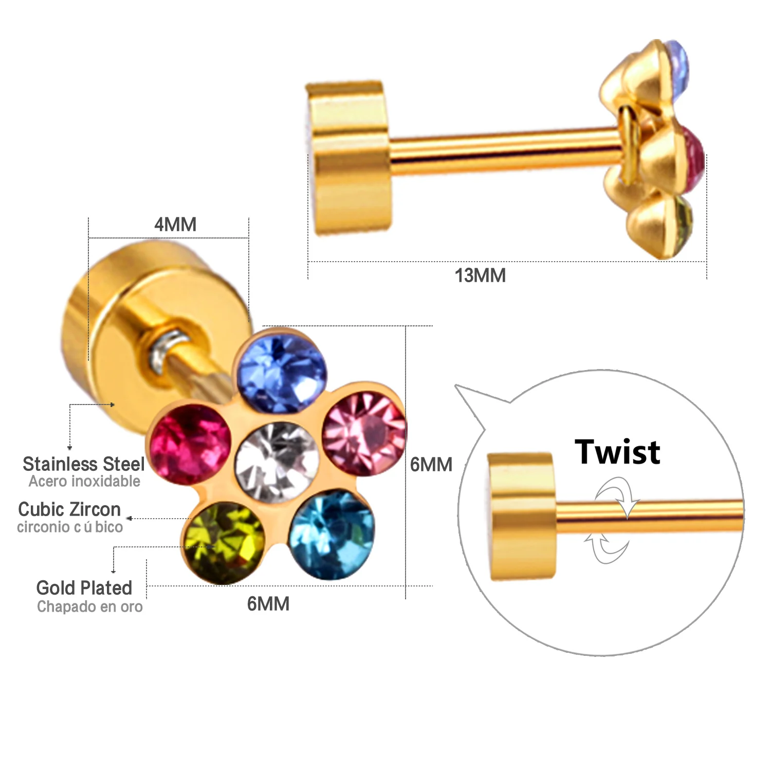 12 Paar 6-mm-Ohrstecker aus Edelstahl mit fünfblättrigem Blumenmuster und Schraubverschluss, mit eingelassenen Strasssteinen, modischer Schmuck für Damen.
