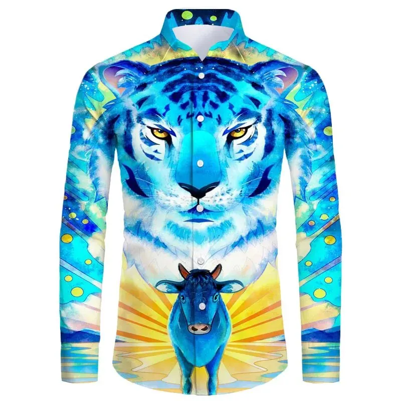 Hawaii Männer übergroße Casual Shirt 3D-Print Tiger Luxus Streetwear Kleidung für Langarm Revers Vintage Shirt Tops XS-6XL