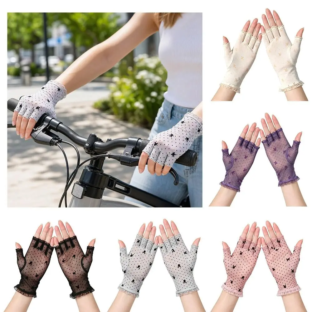 Fancy Style Short Half Finger Gloves Thin Breathable Scar Covering Gloves Lace Trim Mesh Sunscreen Gloves Women