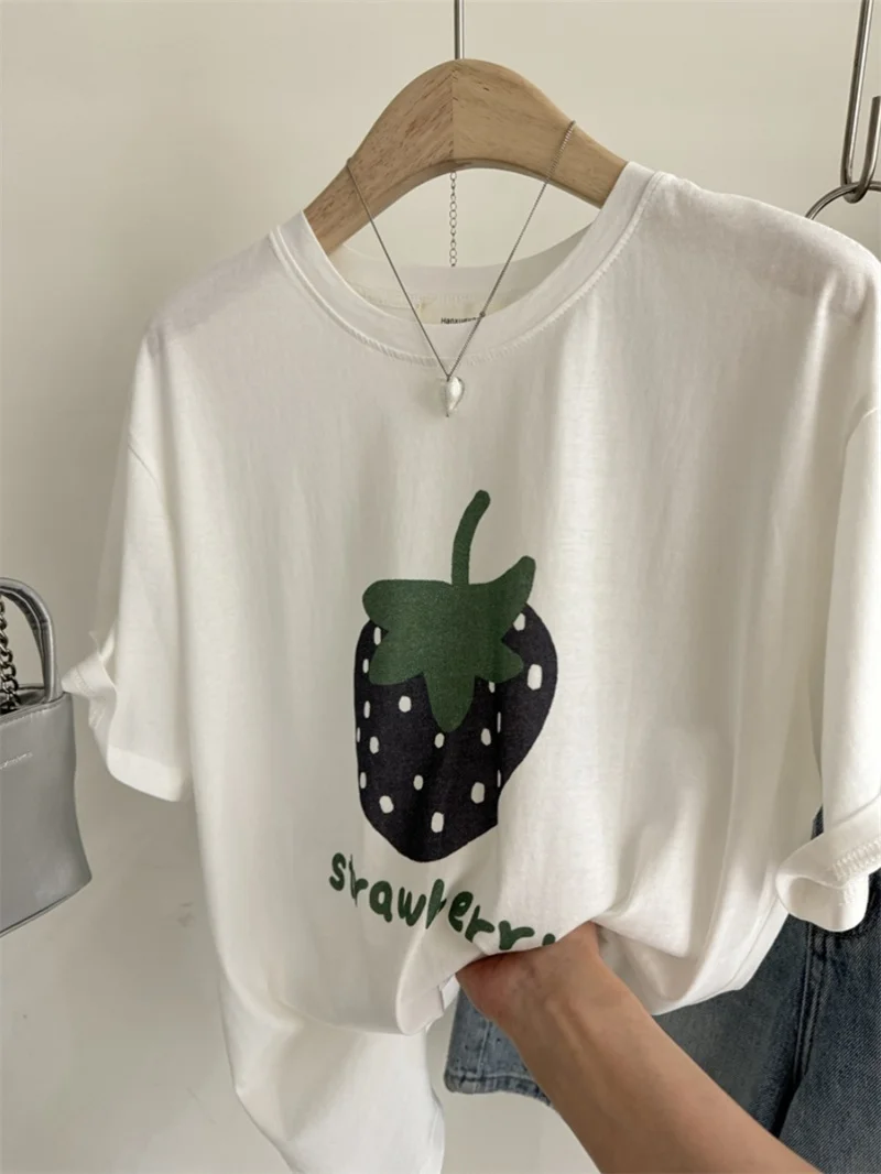 

American Retro Comfortable Thin Cotton Letter Strawberry Print Short Sleeve T-Shirt Women Summer Casual Loose Base Shirt Top