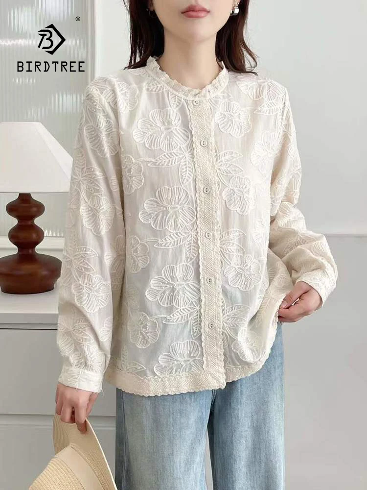 

New 2026 Spring Women Cotton Long Sleeve Shirt, Stand Embroidery Lace Patchwork, Mori Girl Preppy Style Loose Blouse T61522CC