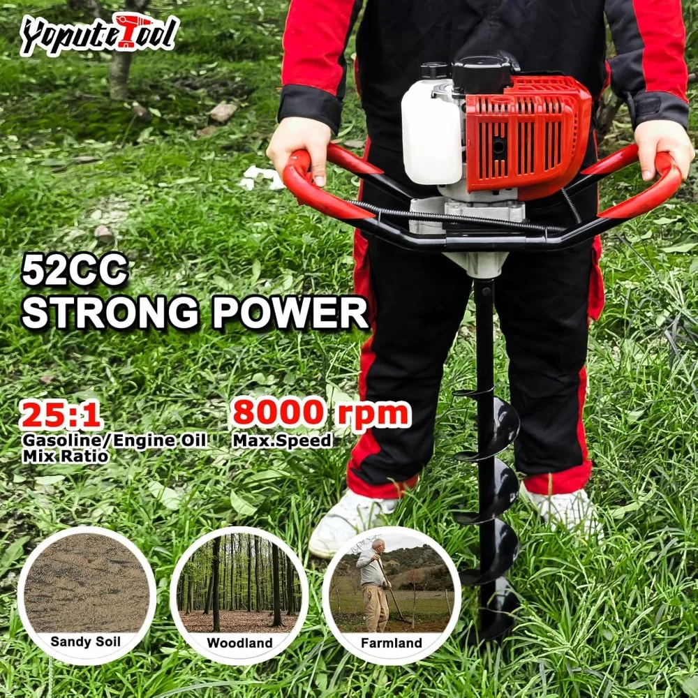 حفار ثقب آخر يعمل بالغاز ثنائي الأشواط - مثقاب أرضي بقدرة 1800 وات مع 4، 6، 8 لقم ثقب و3X 10 قضبان تمديد - فتحة شديدة التحمل