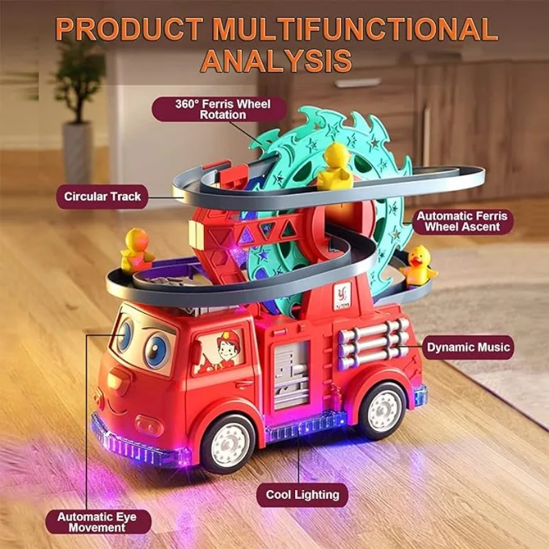 Fire Rail Car with 3 Ducks Climbing Toy with Lights/Music, Baby Electric Duck Stair Climbing Toy Set, Duck Ladder Slide Toy Baby