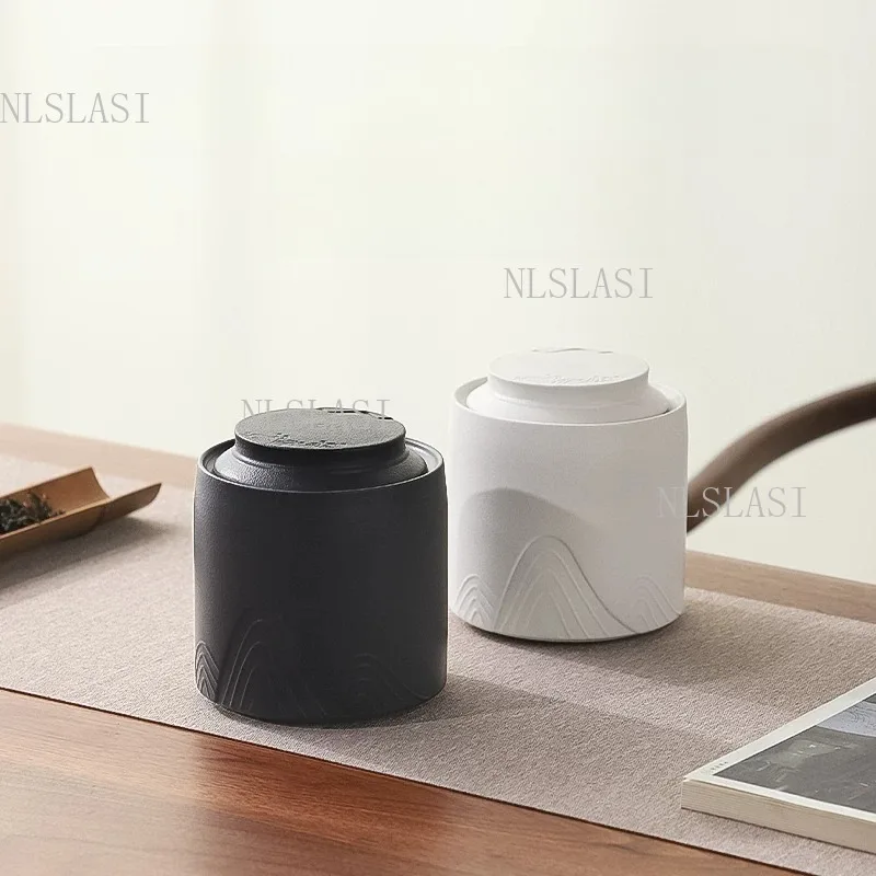 500ml Gradient Black White Embossed Mountain Ceramic Tea Canister Airtight Tea Storage Jar Household Tea Leaf Container