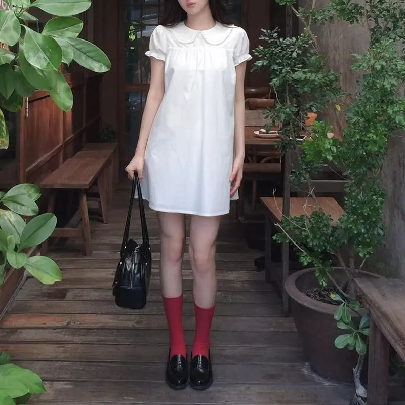 

Fashion Peter Pan Collar Sweet A-Line Dresses Summer Solid Color Women's Clothing French Style Puff Sleeve Aura Folds Mini Dress