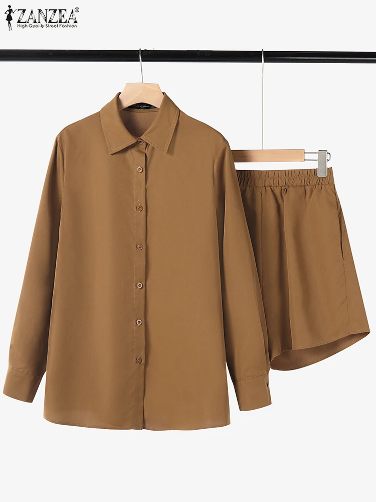 ZANZEA Casual 2025 Primavera Verano 2 uds conjuntos cortos pantalones cortos de cintura elástica para mujer camisas largas de manga larga trajes de 2 piezas de Color sólido