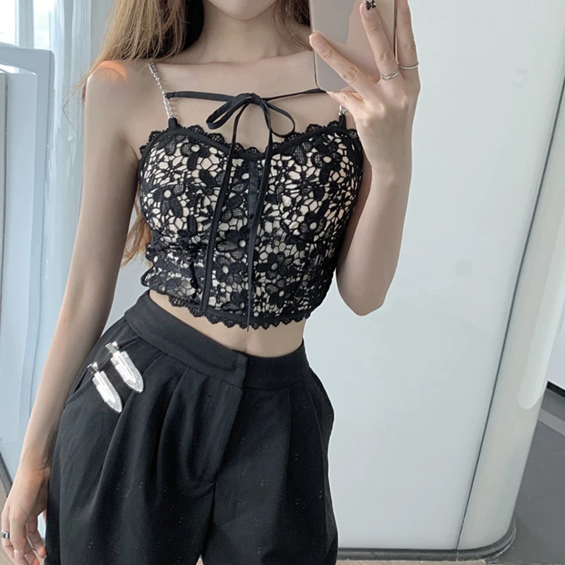 Women's T-shirt Lace Flower Vest Sleeveless Tie-Up Metal Chain Shoulder Strap Slim Fit Cropped Tank Tops Streetwear Summer Y2k