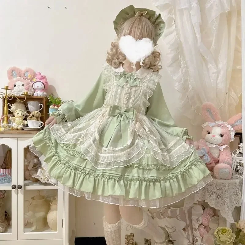 Women Vintage Elegant Lace Mesh Bow Green Dresses Harajuku Victorian Girly Kawaii Tea Party Dress Sweet Lolita Princess OP Dress
