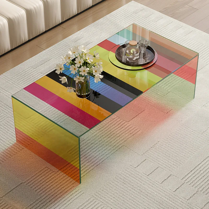 

Light luxury high-end coffee table living room household rainbow tempered glass colored small coffee table modern simple glass