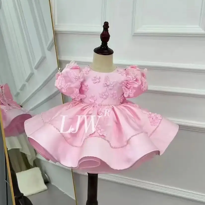 

Pink satin butterfly flower design Girl's formal dress Baby beauty pageant dress high-end Christmas party dress First Communion
