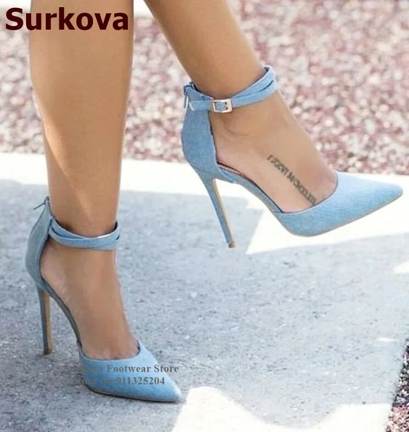 Surkova Blue Denim Pointed Toe High Heel Shoes Ankle Buckle Strap Stilettos Banquet Pumps Elegant Daily Dress Footwear Size46