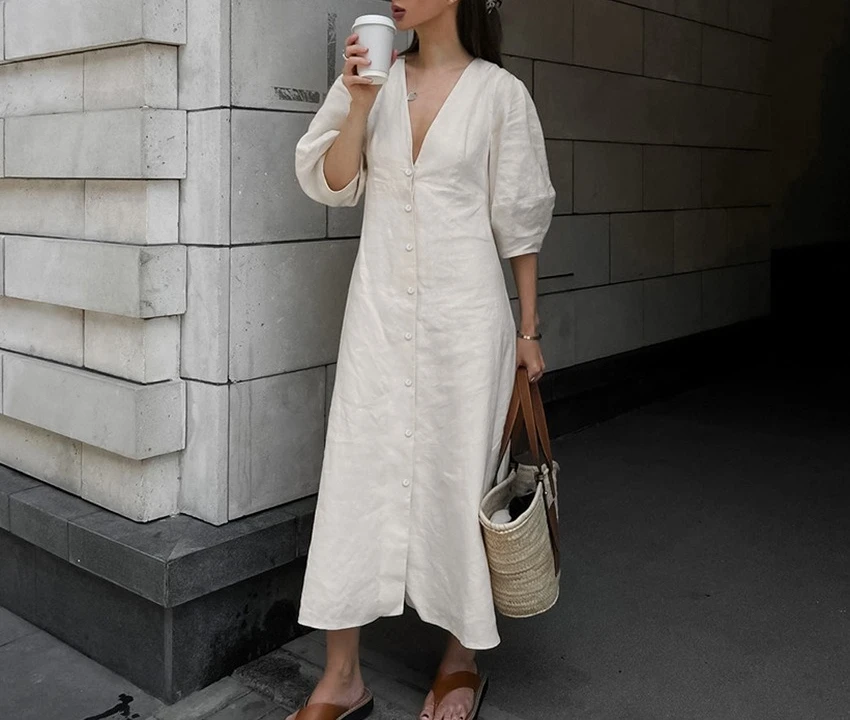 

2025 French Style Light Mature Beige Linen Bubble Sleeve Dress Women Summer Backless Loose V Neck Shirt Dress Long Dress