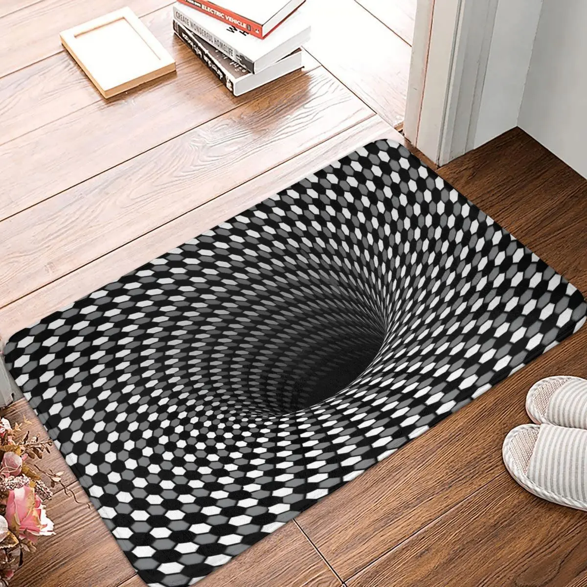 Optical Illusion Hexagon Honeycomb Gray White Black Hole Vortex Non-slip Doormat Carpet Bath Kitchen Mat Outdoor Home Pattern