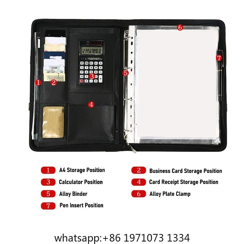 PU Leather Portfolio with Zipper 10 File Pockets 30 Sheets Notebook 4 Rings Binder A4 Document Organizer 10.1 Inch Tablet Cover