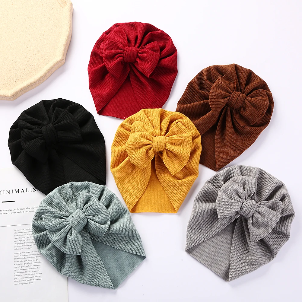 Solid Ribbed Turban Baby Hats Bow Topknot Caps for Newborn Bos Girls Toddler Beanies Hospital Headwraps Kids Hair Accessories